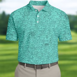 Teal Three Eyed Alien Sketch Golf Shirt, Funny Mens Golf Shirts, Mens Golf Shirts