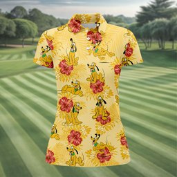 Yellow Hibiscus Cartoon Dog Hawaiian Golf Shirt, Womens Golf Shirts, Ladies Golf Tops