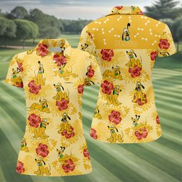 Yellow Hibiscus Cartoon Dog Hawaiian Golf Shirt, Womens Golf Shirts, Ladies Golf Tops