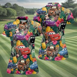 Tropical Race Car Cartoon Hawaiian Golf Shirt, Ladies Golf Tops, Golf Gifts For Women
