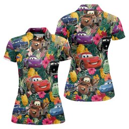 Tropical Race Car Cartoon Hawaiian Golf Shirt, Ladies Golf Tops, Golf Gifts For Women