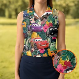 Tropical Race Car Cartoon Hawaiian Golf Shirt, Ladies Golf Tops, Golf Gifts For Women