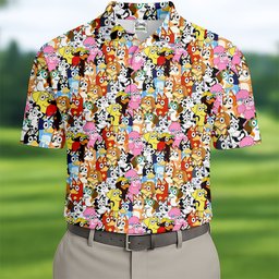 Colorful Cartoon Dog Crowd Golf Shirt, Golf Shirts For Men, Funny Mens Golf Shirts