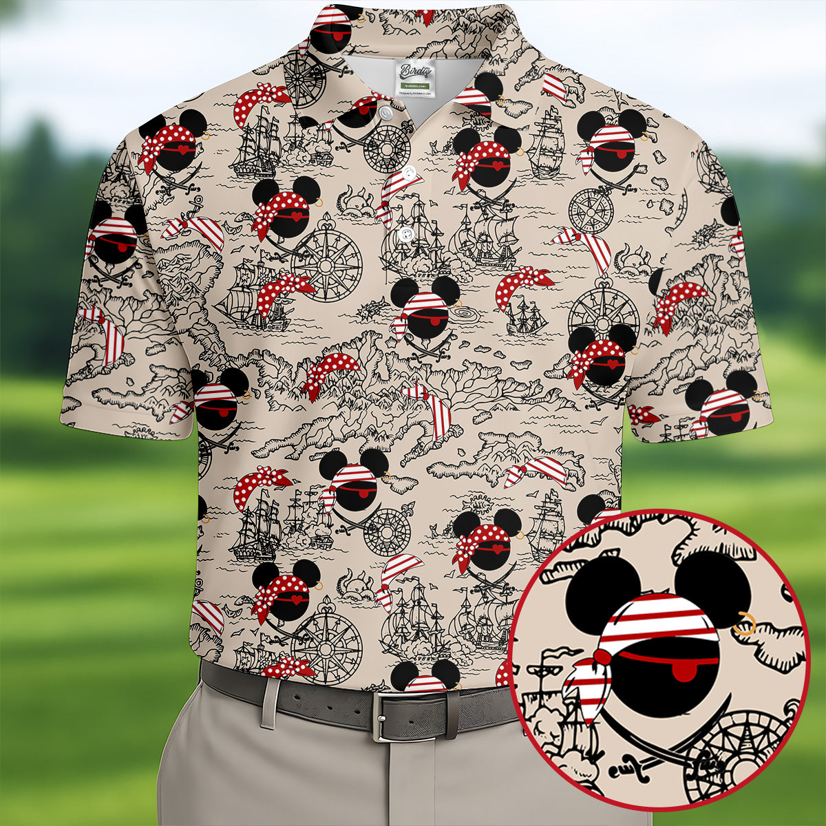 Pirate Mouse Ears Nautical Map Golf Shirt, Mens Golf Clothing, Funny Mens Golf Shirts