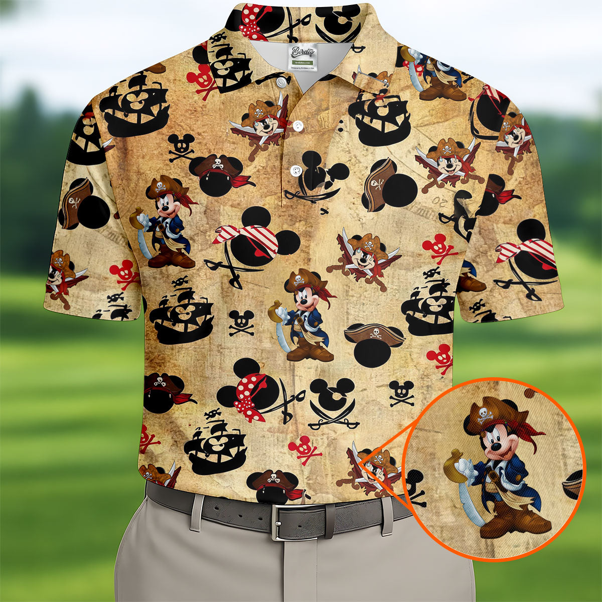 Vintage Pirate Mouse Ears Map Golf Shirt, Mens Golf Shirts, Funny Mens Golf Shirts