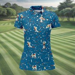 Cartoon Dog Golfer Pattern Golf Shirt, Womens Golf Apparel, Golf Shirts For Women