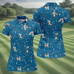 Cartoon Dog Golfer Pattern Golf Shirt, Womens Golf Apparel, Golf Shirts For Women