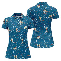 Cartoon Dog Golfer Pattern Golf Shirt, Womens Golf Apparel, Golf Shirts For Women
