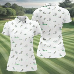 White Sketch Beagle Golfer Golf Shirt, Golf Shirts For Women, Womens Golf Clothing