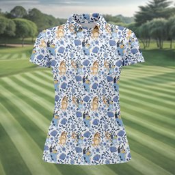 Blue Floral Cartoon Dogs Hawaiian Golf Shirt, Womens Golf Apparel, Ladies Golf Shirts