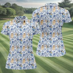 Blue Floral Cartoon Dogs Hawaiian Golf Shirt, Womens Golf Apparel, Ladies Golf Shirts