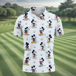 Retro Cartoon Mouse Pinstripe Golf Shirt, Mens Golf Clothing, Golf Shirts For Men