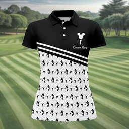 Custom Name Black Stripe Mouse Ears Golf Shirt, Womens Golf Apparel, Ladies Golf Tops
