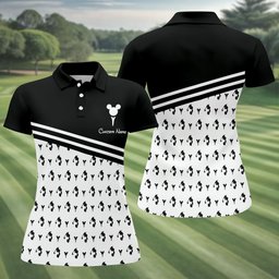 Custom Name Black Stripe Mouse Ears Golf Shirt, Womens Golf Apparel, Ladies Golf Tops
