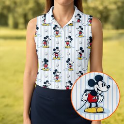 Retro Cartoon Mouse Pinstripe Golf Shirt, Womens Golf Shirts, Ladies Golf Shirts