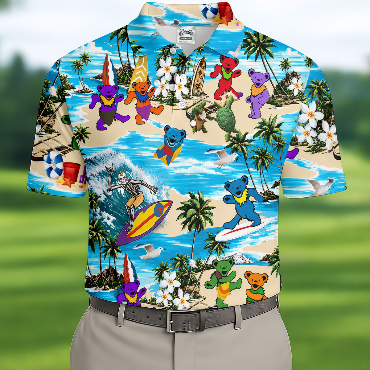 Blue Beach Cartoon Bears Hawaiian Golf Shirt, Mens Golf Apparel, Mens Golf Clothing
