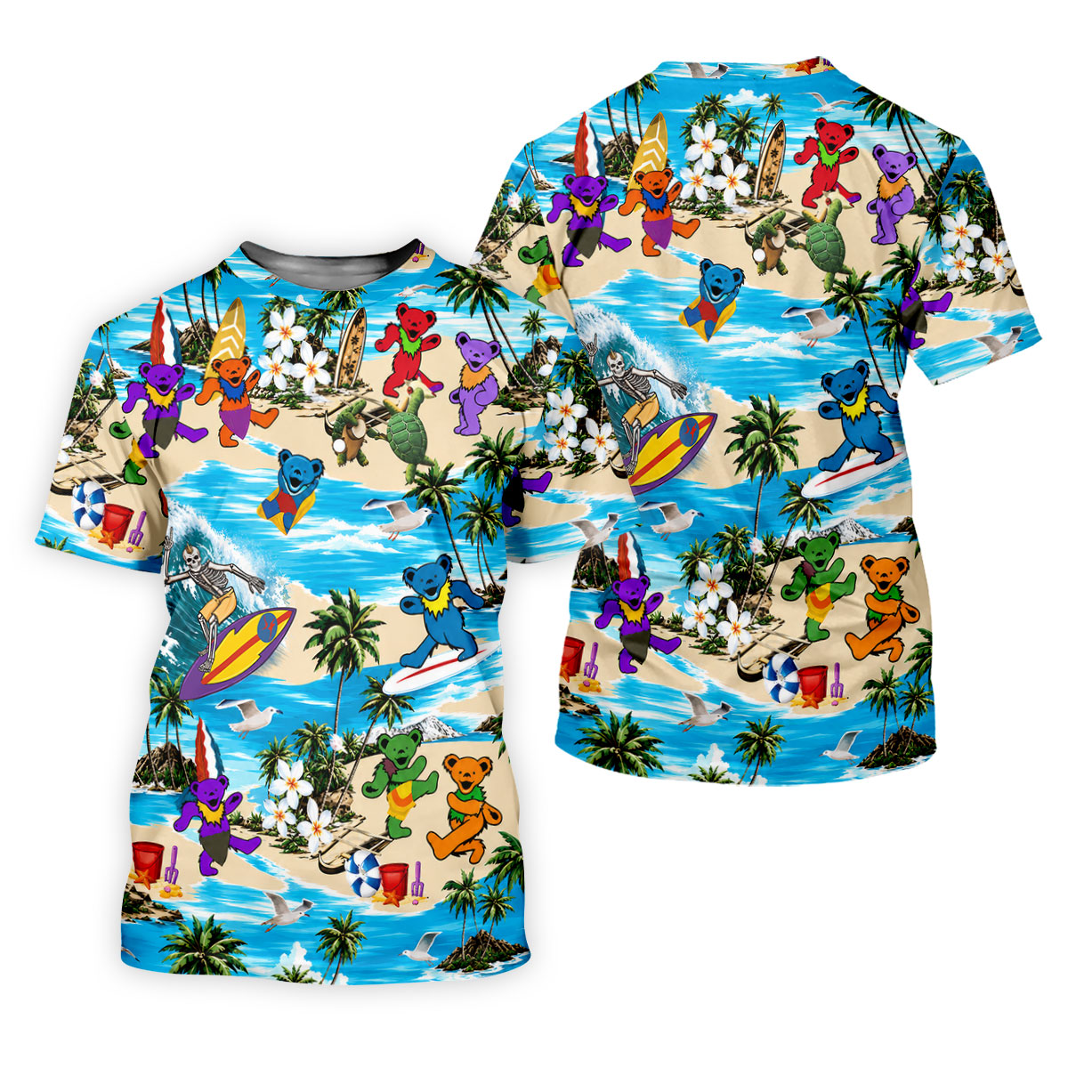 Blue Beach Cartoon Bears Hawaiian Golf Shirt, Mens Golf Apparel, Mens Golf Clothing