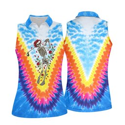Rainbow Chevron Skeleton Tie Dye Golf Shirt, Womens Golf Tops, Golf Gifts For Women