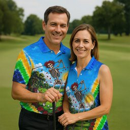 Rainbow Tie Dye Skeleton Golfer Golf Shirt, Mens Golf Shirts, Golf Shirts For Men