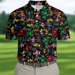 Black Cartoon Bears Pattern Golf Shirt, Golf Polo For Men, Funny Mens Golf Shirts