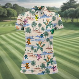 Cream Palm Cartoon Bears Hawaiian Golf Shirt, Womens Golf Shirts, Womens Golf Tops