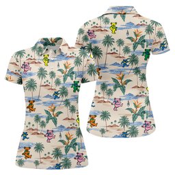 Cream Palm Cartoon Bears Hawaiian Golf Shirt, Womens Golf Shirts, Womens Golf Tops