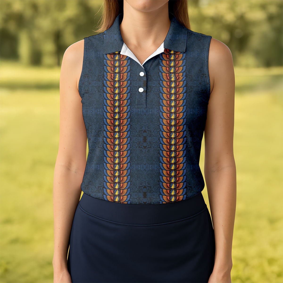 Navy Striped Vertical Pattern Golf Shirt, Womens Golf Shirts, Womens Golf Apparel
