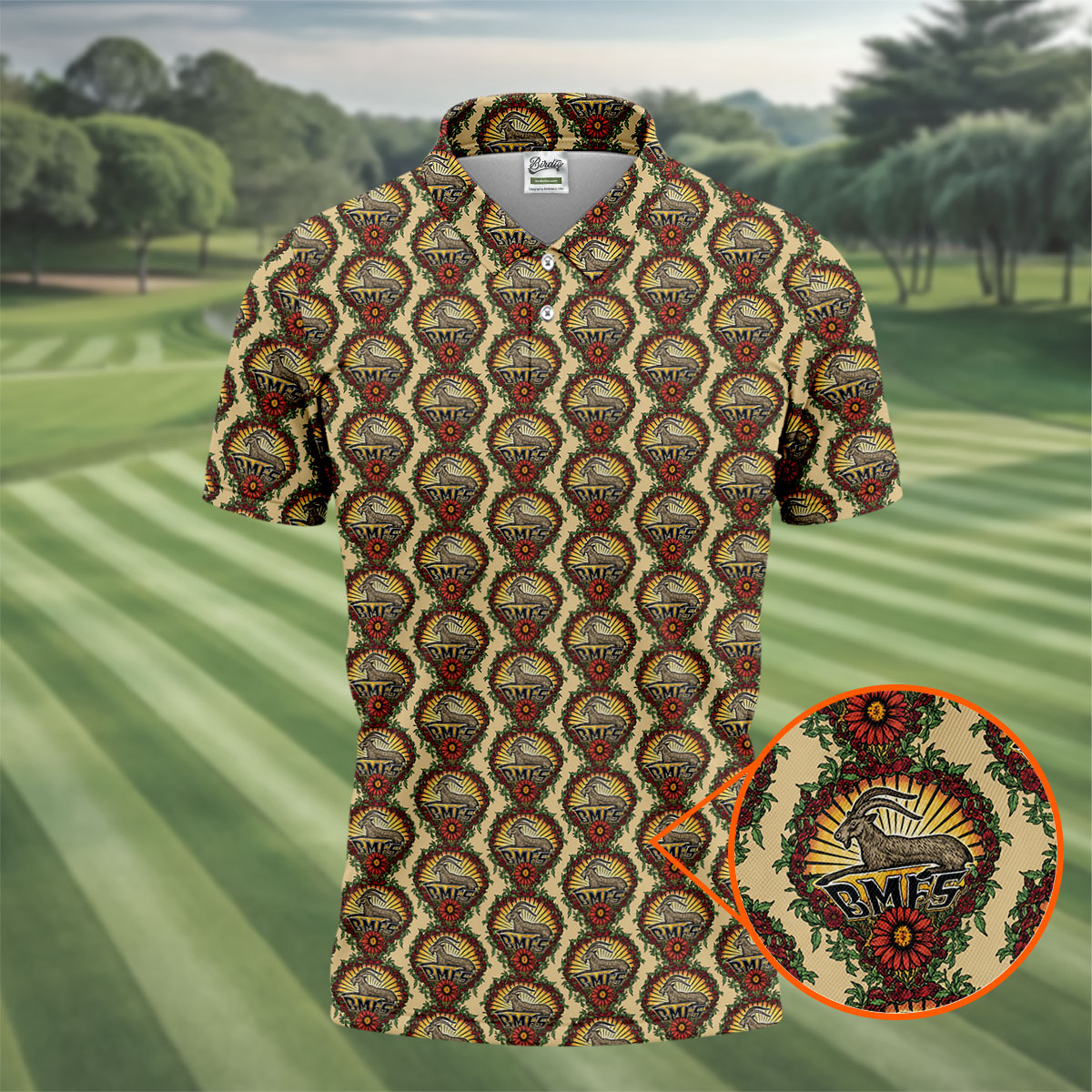 Gold Vintage Vine Scroll Pattern Golf Shirt, Mens Golf Clothing, Mens Golf Shirts