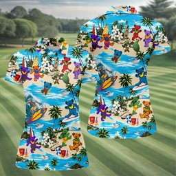 Blue Beach Cartoon Bears Hawaiian Golf Shirt, Ladies Golf Tops, Womens Golf Apparel
