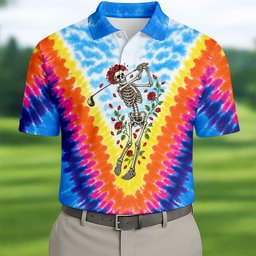 Rainbow Chevron Skeleton Tie Dye Golf Shirt, Mens Golf Apparel, Golf Gifts For Men