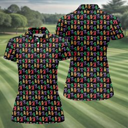 Black Rainbow Cartoon Bears Pattern Golf Shirt, Womens Golf Tops, Ladies Golf Shirts