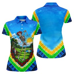 Rainbow Tie Dye Skeleton Golfer Golf Shirt, Golf Gifts For Women, Womens Golf Shirts