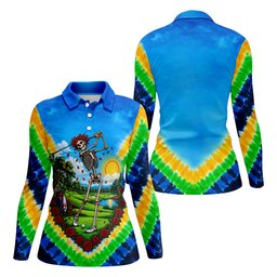 Rainbow Tie Dye Skeleton Golfer Golf Shirt, Golf Gifts For Women, Womens Golf Shirts