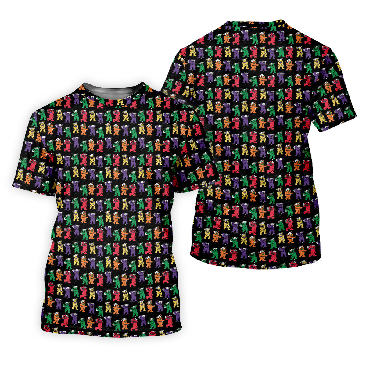 Black Rainbow Cartoon Bears Pattern Golf Shirt, Mens Golf Shirts, Mens Golf Apparel