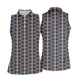 Navy Geometric Wave Pattern Golf Shirt, Womens Golf Apparel, Ladies Golf Apparel