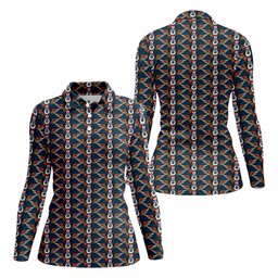 Navy Geometric Wave Pattern Golf Shirt, Womens Golf Apparel, Ladies Golf Apparel