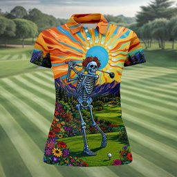 Sunrise Skeleton Garden Scene Golf Shirt, Ladies Golf Shirts, Womens Golf Shirts