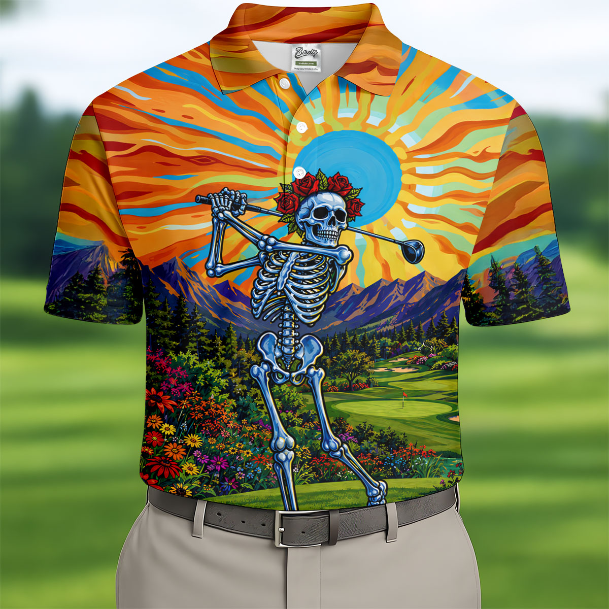 Sunrise Skeleton Garden Scene Golf Shirt, Mens Golf Apparel, Funny Mens Golf Shirts
