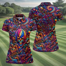 Psychedelic Skull Swirl Art Golf Shirt, Ladies Golf Shirts, Womens Golf Clothing