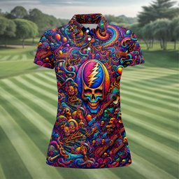 Psychedelic Skull Swirl Art Golf Shirt, Ladies Golf Shirts, Womens Golf Clothing