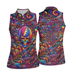 Psychedelic Skull Swirl Art Golf Shirt, Ladies Golf Shirts, Womens Golf Clothing