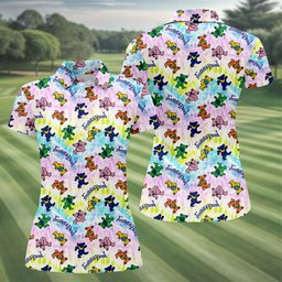 Pastel Cartoon Bears Pattern Golf Shirt, Womens Golf Clothing, Womens Golf Apparel