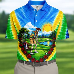 Blue Sunrise Skeleton Golf Course Golf Shirt, Mens Golf Clothing, Mens Golf Polo