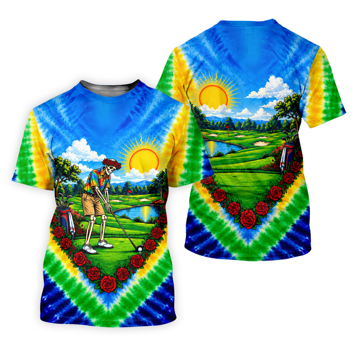 Blue Sunrise Skeleton Golf Course Golf Shirt, Mens Golf Clothing, Mens Golf Polo