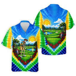 Blue Sunrise Skeleton Golf Course Golf Shirt, Mens Golf Clothing, Mens Golf Polo