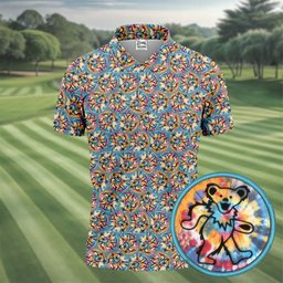 Colorful Floral Cartoon Bear Pattern Golf Shirt, Mens Golf Polo, Mens Golf Apparel