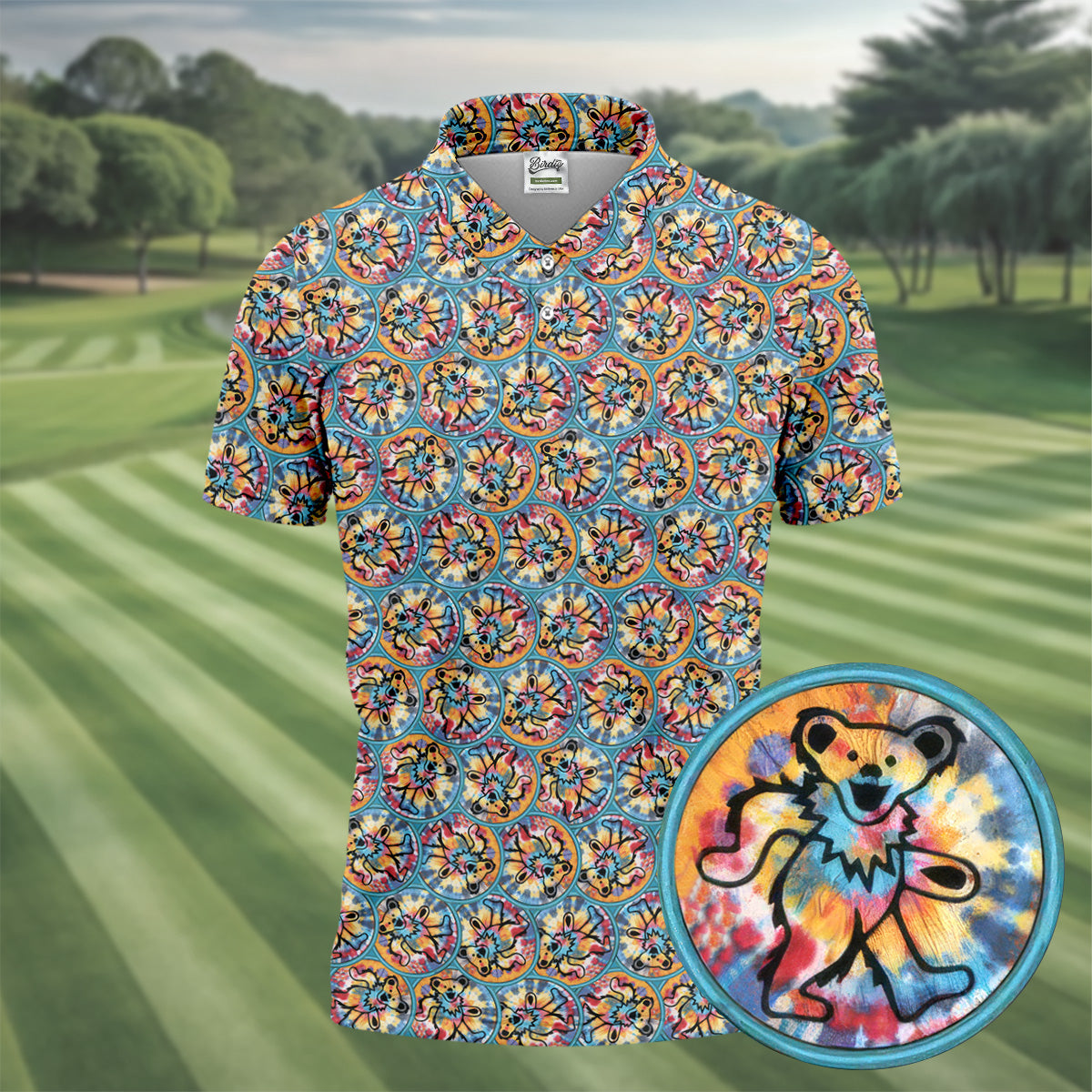 Colorful Floral Cartoon Bear Pattern Golf Shirt, Mens Golf Polo, Mens Golf Apparel