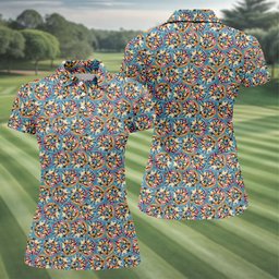 Colorful Floral Cartoon Bear Pattern Golf Shirt, Womens Golf Shirts, Ladies Golf Tops