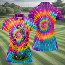 Psychedelic Spiral Tie Dye Skeleton Golf Shirt, Ladies Golf Apparel, Womens Golf Tops