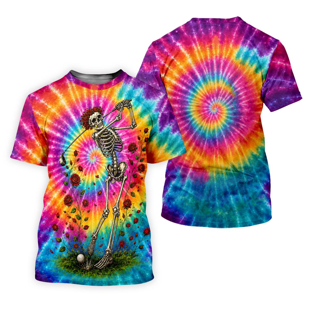 Psychedelic Spiral Tie Dye Skeleton Golf Shirt, Ladies Golf Apparel, Womens Golf Tops